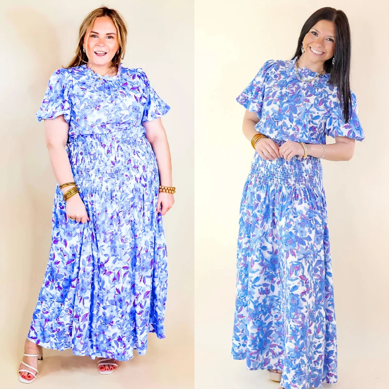 Moonlit Bay Floral High Neck Maxi dress with Smocked Waistline in Blue