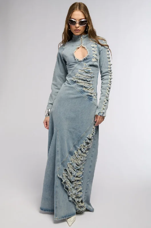 ON THE EDGE DISTRESSED DENIM MAXI DRESS