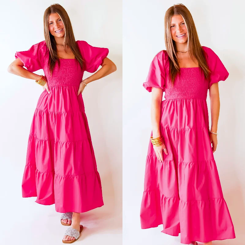 Santorini Sunshine Short Balloon Sleeve Maxi Dress in Fuschia Pink