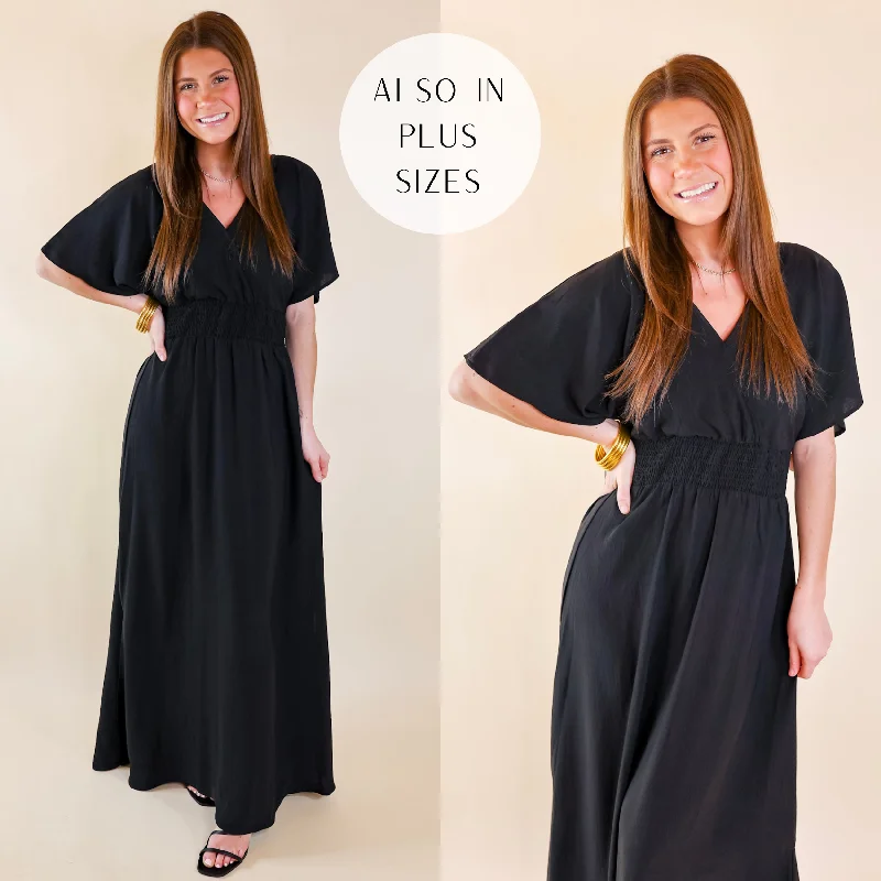 Last Chance Size Small & Medium | Wildly In Love V Neck Maxi Dress with Smocked Waist in Black