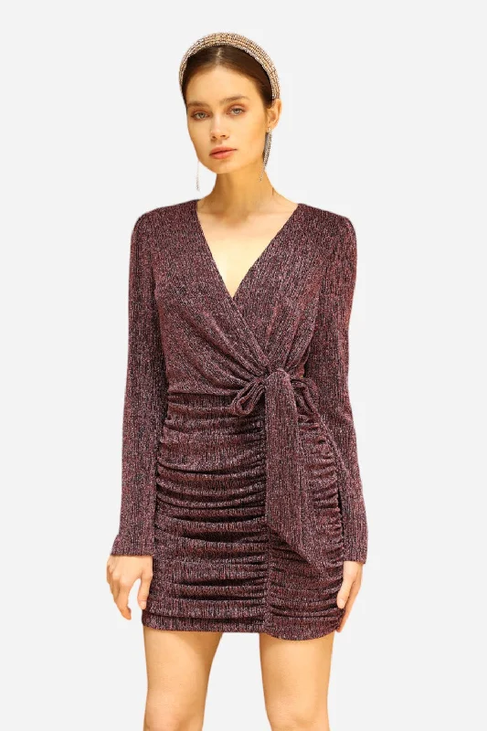 Adelyn Rae Vanessa Metallic Wrap Mini Dress in Dark Pink