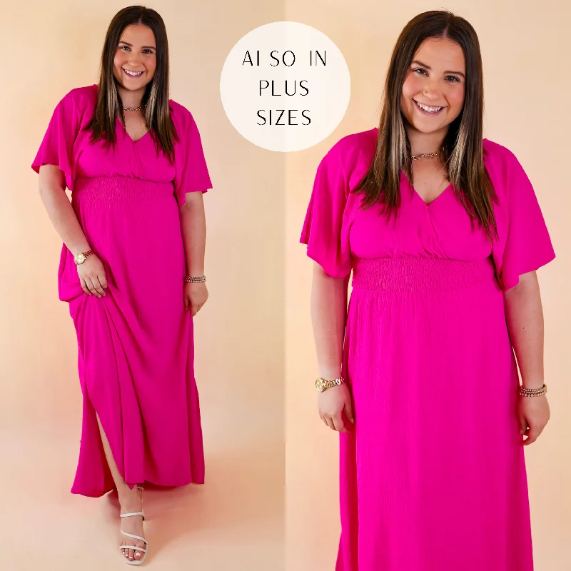 Last Chance Size Small | Wildly In Love V Neck Maxi Dress with Smocked Waist in Fuchsia Pink