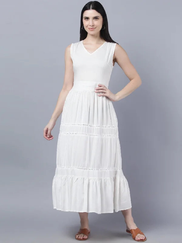 Women's White Solid Maxi Dress - Myshka