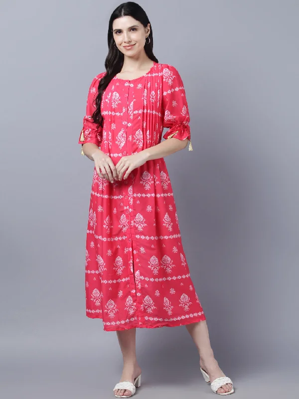 Women's Pink  White Ethnic Motifs Printed Maxi Dress - Myshka