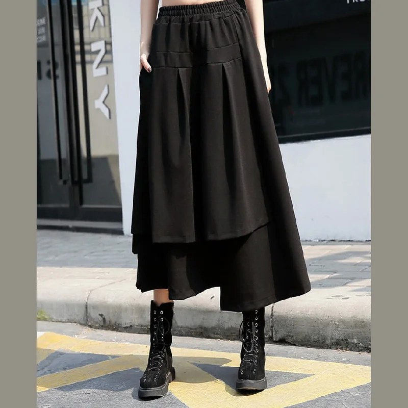 baggy black cotton shift skirt plus size holiday skirt elastic waist baggy New asymmetrical design autumn skirt