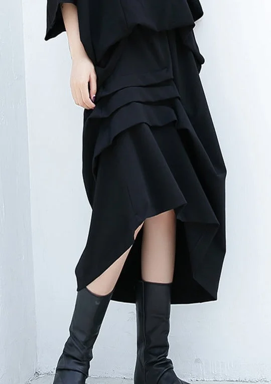 black casual cotton blended skirts loose one side drawstring elastic waist aline skirts