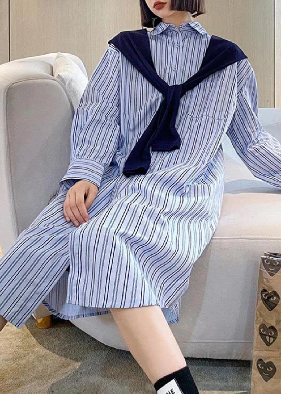 Blue Stripe Long Patchwork Cape Design Loose Shirt Skirt