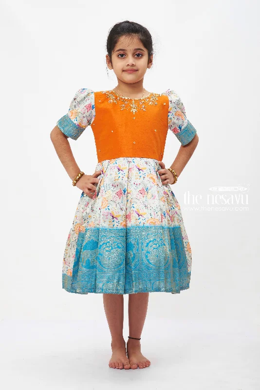 Autumn Ember Silk Frock with Floral Bloom Skirt for Girls