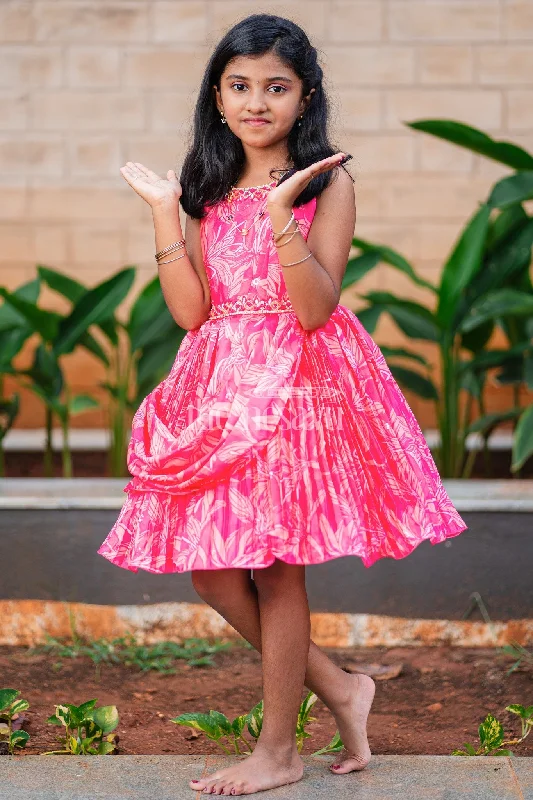 Girls Red Silk Sleeveless Party Frock with Leaf Motif and Pleated Skirt