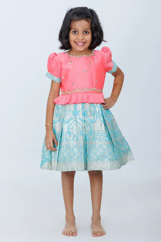 Girls Silk Party Frock in Pink and Green with Puff Sleeves and Brocade Skirt