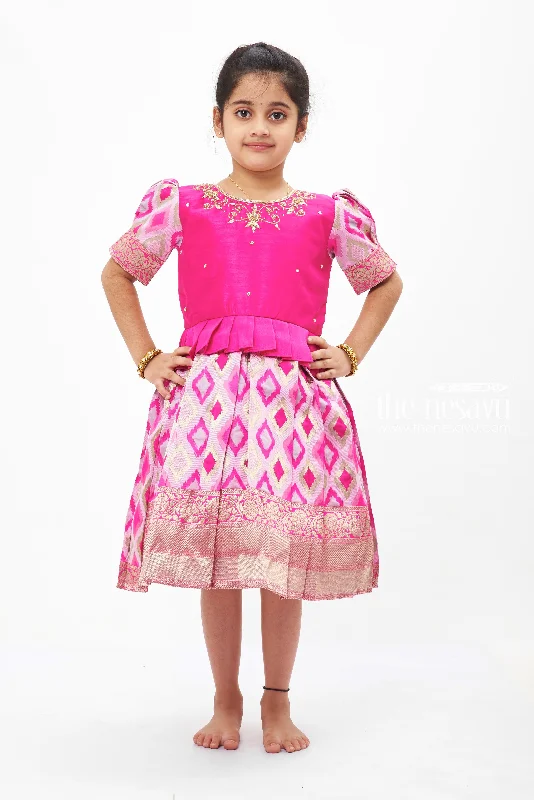 Majestic Pink Silk Frock with Geometric Ikat Skirt for Girls