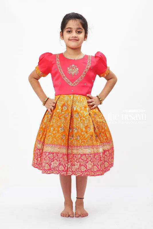 Pink Passion Silk Frock with Embroidered Terracotta Skirt for Girls