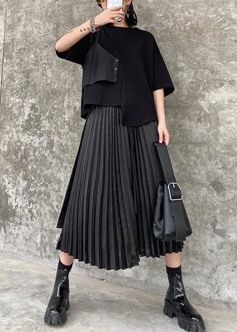 Pleated skirt high waist a-line fashion black stitching elastic waist skirt female summer