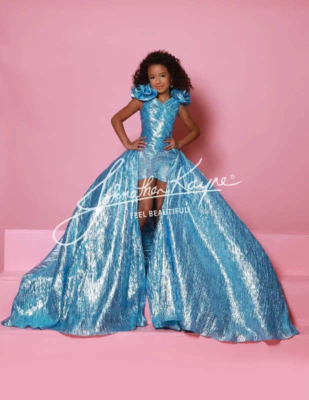 Sugar Kayne C364 Size 2,6,8 Aqua Girls Pageant Crystal Romper Metallic Ruffle Shoulders Overskirt Formal