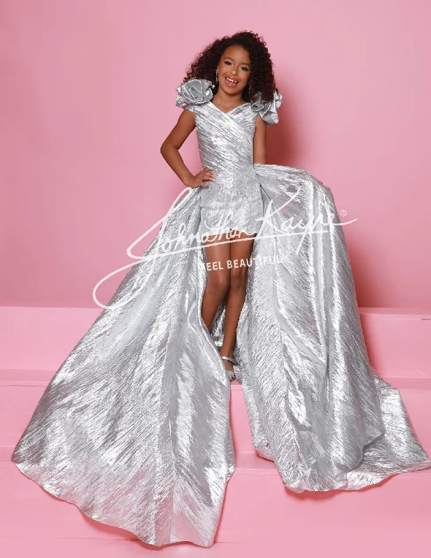 Sugar Kayne C364 Size 6 Silver Girls Pageant Crystal Romper Metallic Ruffle Shoulders Overskirt Formal