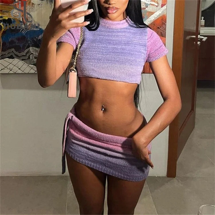 Gradient Summer Knitted 2 Piece Set For Women Casual O-neck Crop Tops+Bandage Matching Hip Skirts Female Outfits