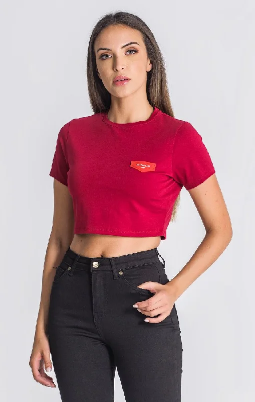 Burgundy Core Cropped Tee Front Pockets Side Pockets Patch Pockets