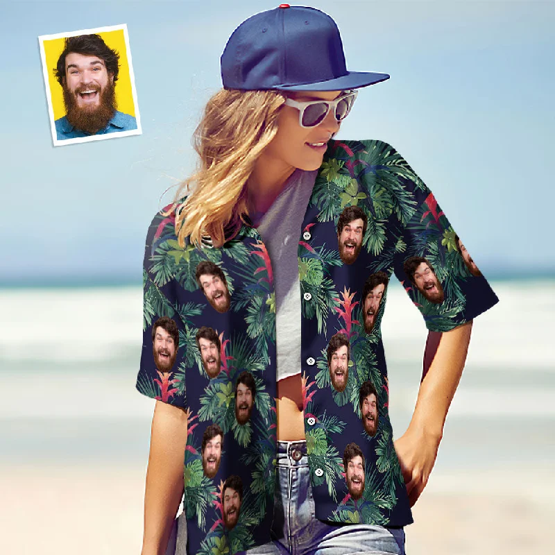 Custom Face Shirt Personalised Photo Women's Hawaiian Shirt Gift - Green Leaves