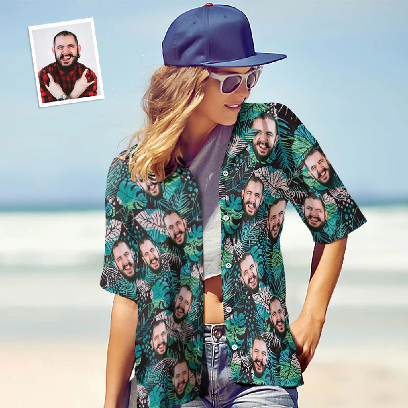 Custom Face Shirt Personalised Photo Women's Hawaiian Shirt Gift - Large Leaves Short Sleeve Shirt