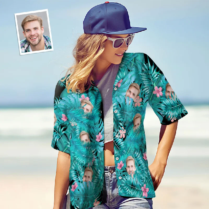 Custom Face Shirt Personalised Photo Women's Hawaiian Shirt Gift - Leaves and Pink Flowers