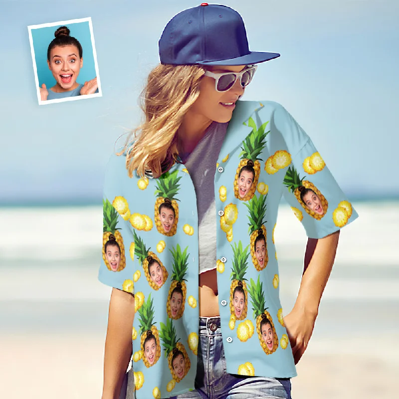 Custom Face Hawaiian Shirt Tops Women's All Over Print Big Pineapple Short Sleeve Shirt