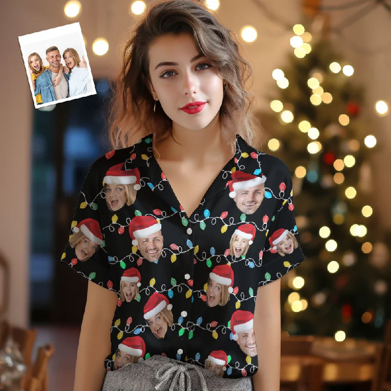 Custom Face Women's Hawaiian Shirts Personalised Photo Christmas Family Xmas Leds Aloha Shirts