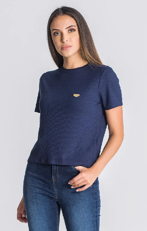 Navy Blue Core Ribbed Tee Real Fur Shearling Chenille