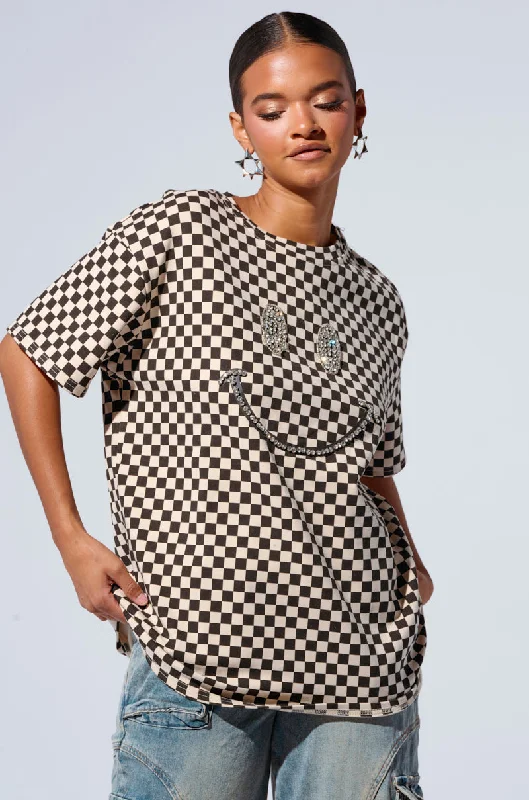 RHINESTONE SMILEY FACE OVERSIZED CHECKERED TSHIRT