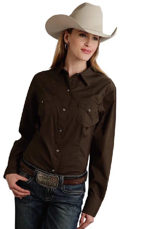 Roper Womens Brown Solid Long Sleeve Western Snap Shirt