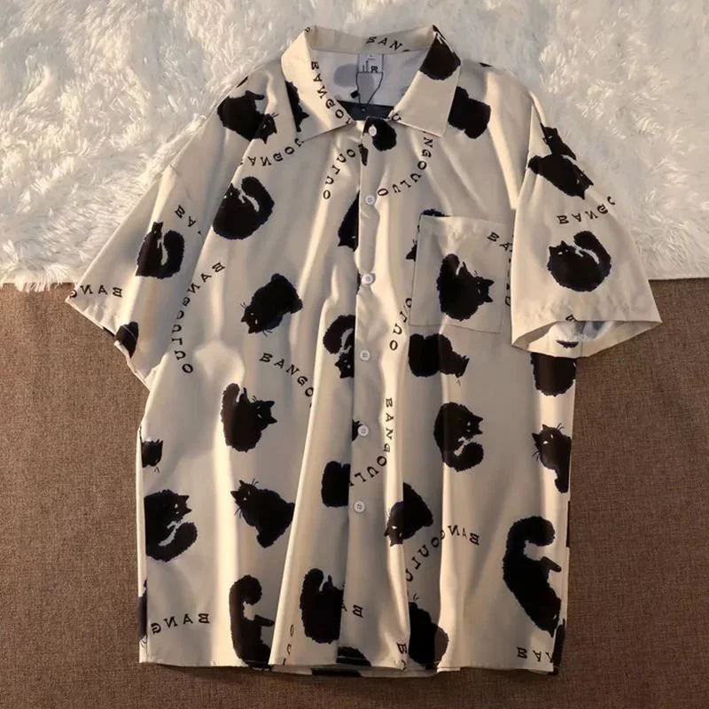 Women's black cat graphic hawaiian shirt