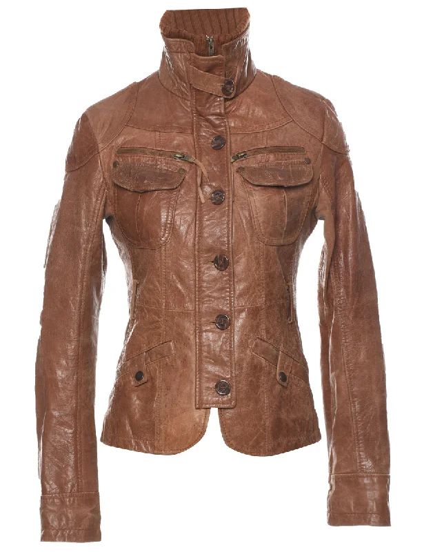 Brown Y2K Leather Jacket - S