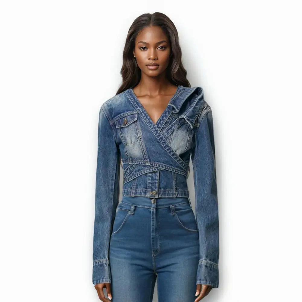 FZ Women's V Neck Long Sleeve Patchwork Lace Up Streetwear Short Denim Jacket