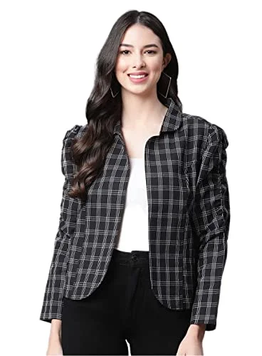 Cottinfab Women Black White Pure Cotton Checked Tailored Jacket