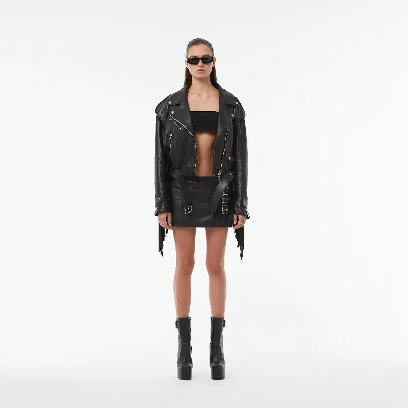 FRINGE LEATHER JACKET WITH METAL RIVETS