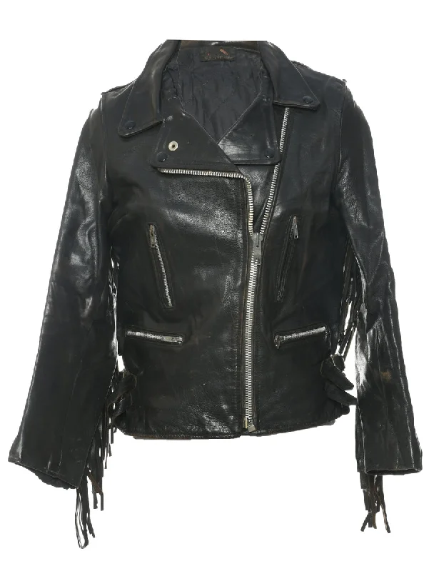 Fringed Biker Style Leather Jacket - M