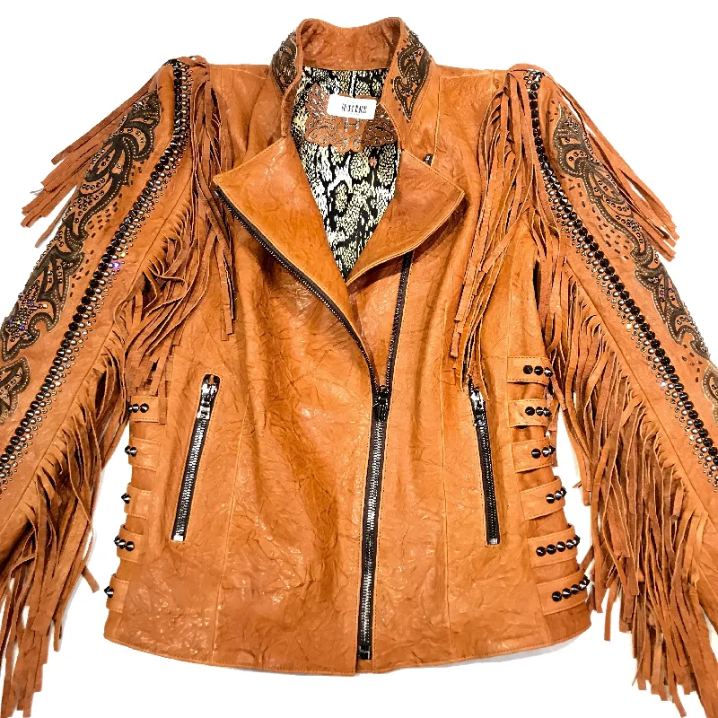 Kashani Cognac Swarovski Crystal Lambskin Studded Fringe Jacket