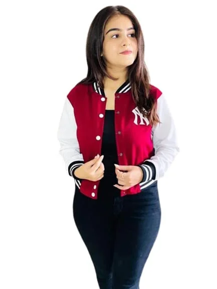 RIHANI FAB 2023-2024 Women Clothes Pilot Bomber Couple Jacket University Varsity Solid Color Casual Korean women Tops (M, Red)