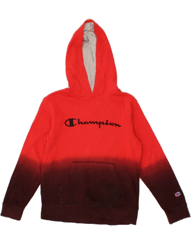 CHAMPION Womens Graphic Hoodie Jumper UK 14 Medium Red Colourblock Cotton