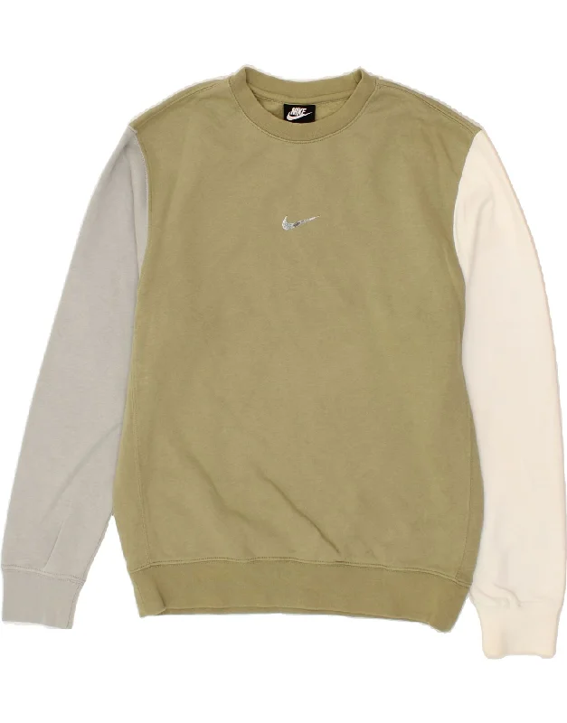 NIKE Mens Standard Fit Sweatshirt Jumper Small Khaki Colourblock Cotton