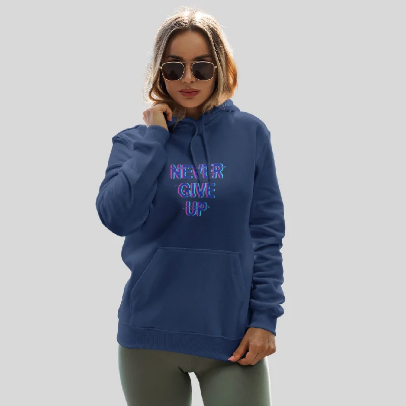 Stay Motivated with the "Never Give Up" Printed Blue Hoodie for Women