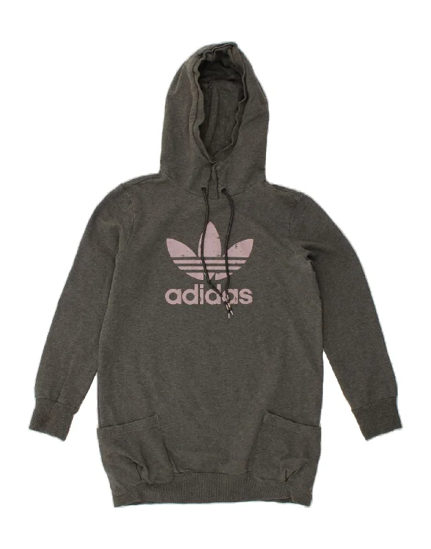 ADIDAS Womens Longline Graphic Hoodie Jumper EU 40 Medium Grey Cotton