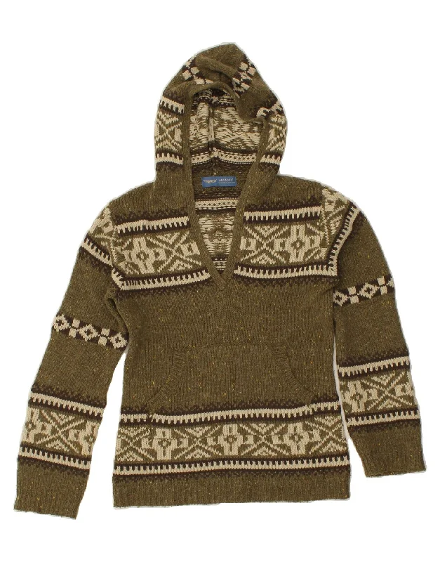 ARIZONA Womens Hooded V-Neck Jumper Sweater UK 10 Small Khaki Fair Isle