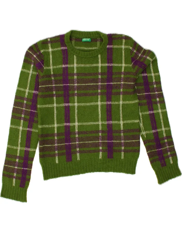 BENETTON Womens Crop Crew Neck Jumper Sweater UK 8 Small Green Check