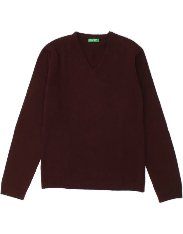 BENETTON Womens V-Neck Jumper Sweater UK 12 Medium Maroon New Wool