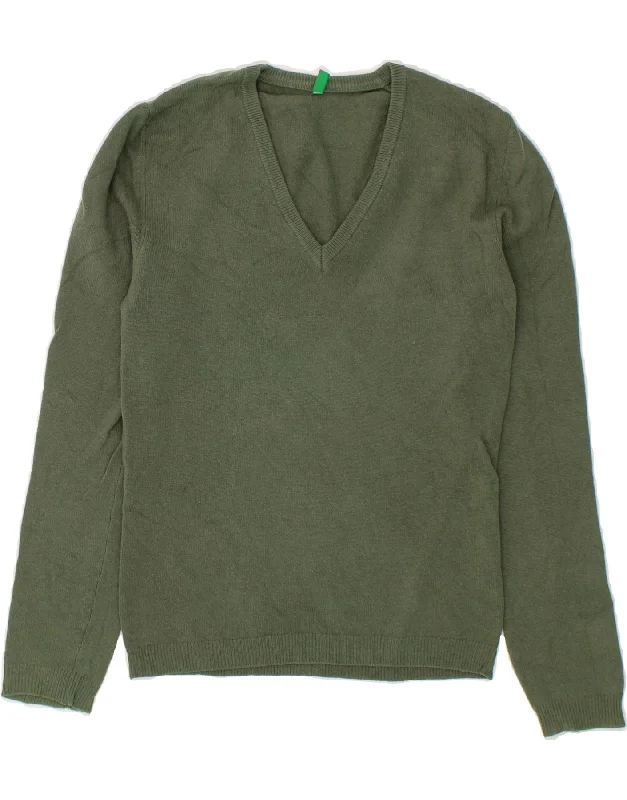 BENETTON Womens V-Neck Jumper Sweater UK 6 XS Green Wool