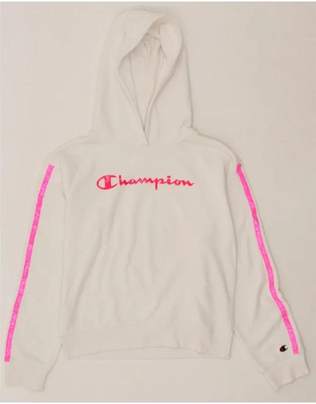 CHAMPION Girls Graphic Hoodie Jumper 11-12 Years Large  White Cotton