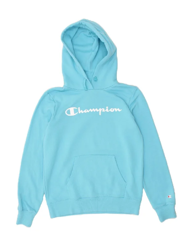 CHAMPION Womens Graphic Hoodie Jumper UK 10 Small Blue Cotton