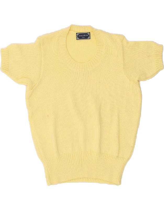 CHOPIN ROMA Womens Short Sleeve Crew Neck Jumper Sweater UK 8 Small Yellow