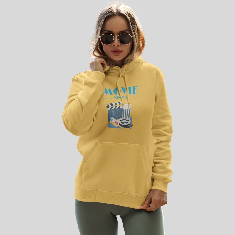 Cozy up with the Women's "Movie Night" Printed Yellow Hoodie