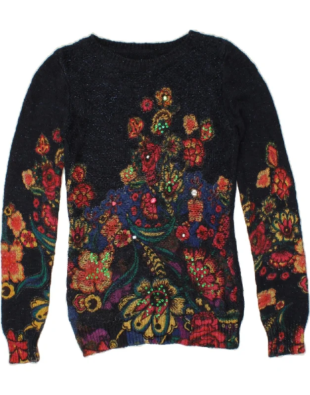 DESIGUAL Womens Boat Neck Jumper Sweater UK 6 XS Navy Blue Floral Cotton